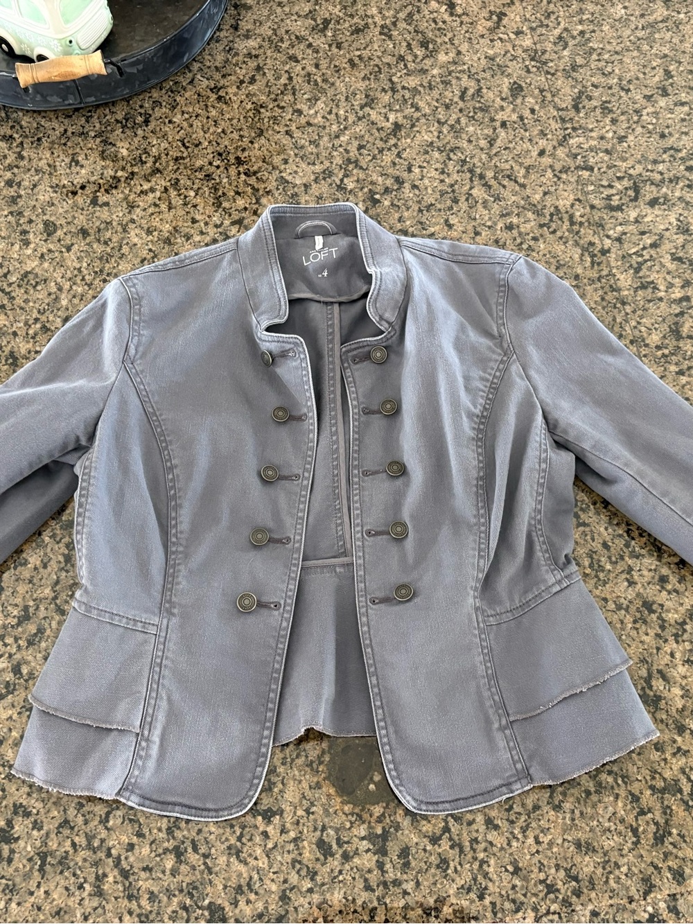 The LOFT women’s denim style jacket. ruffled. gray. sz 4